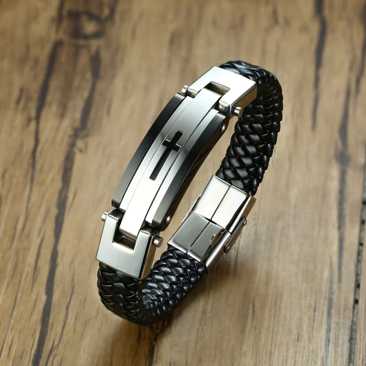 Stainless Steel Vintage Leather Cross Bracelet - Limited Edition